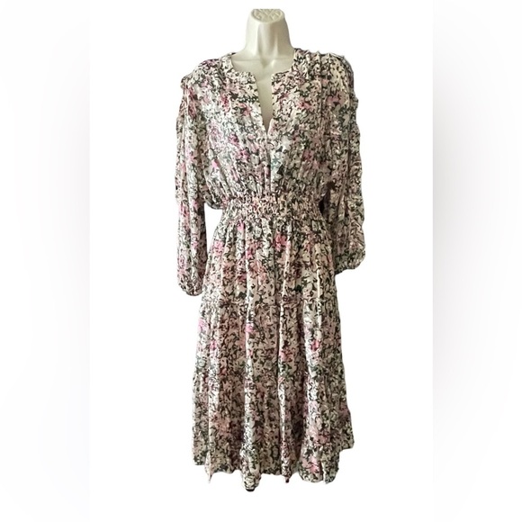 ELIE TAHARI Abstract Floral Tiered Maxi Dress Medium Pink Green Long Sleeve Glam - Picture 2 of 15